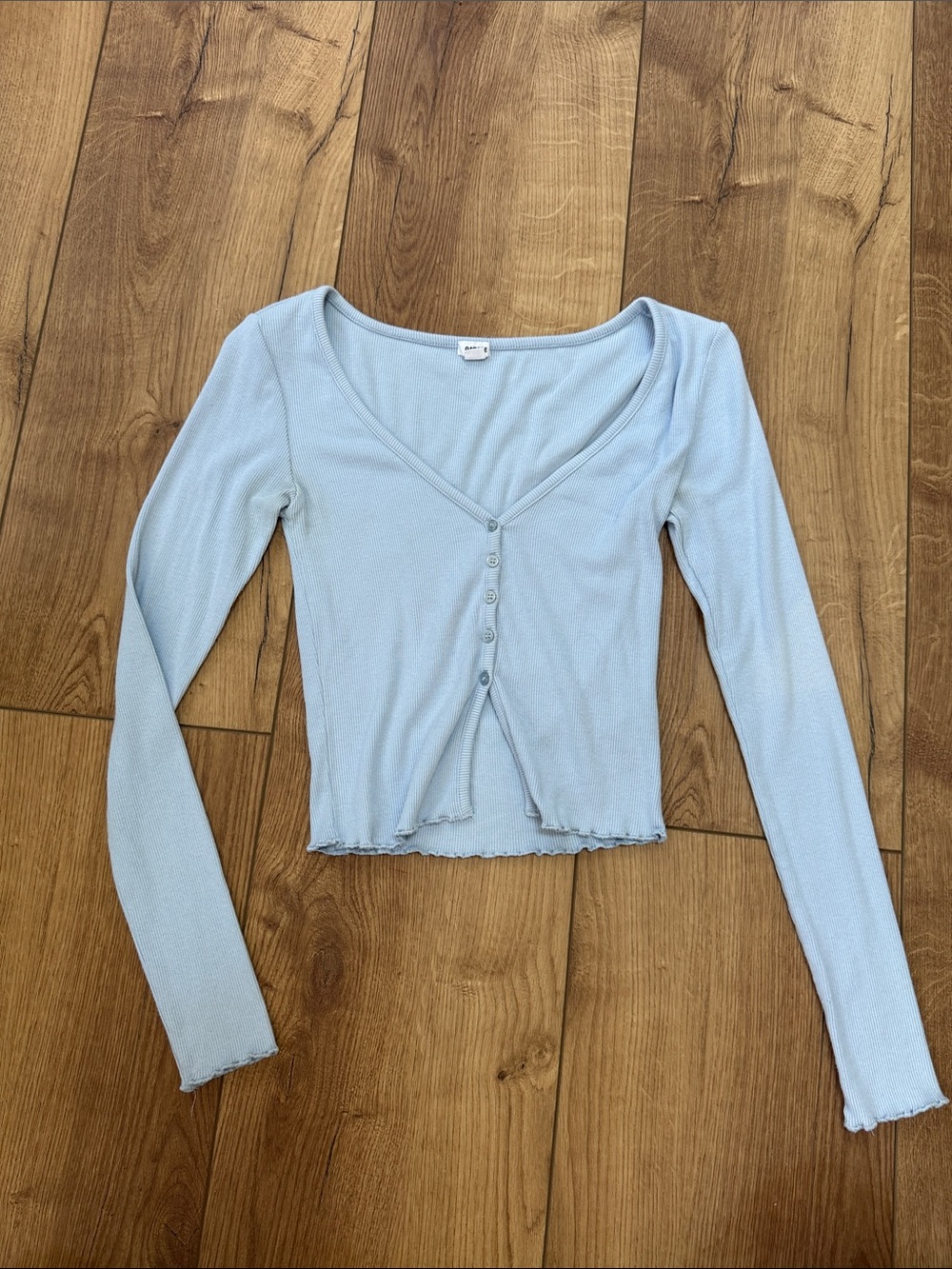 Garage Light Blue Ribbed Button-Front Long Sleeve Top